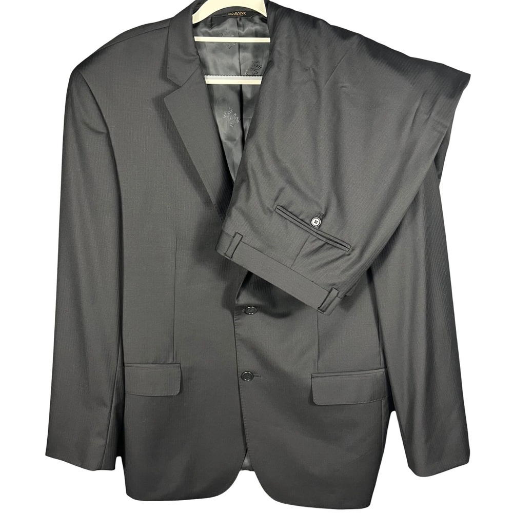 Jos. A. Bank Suit Mens 44L 38W Black Signature Gold 100% Wool Herringbone 2pc